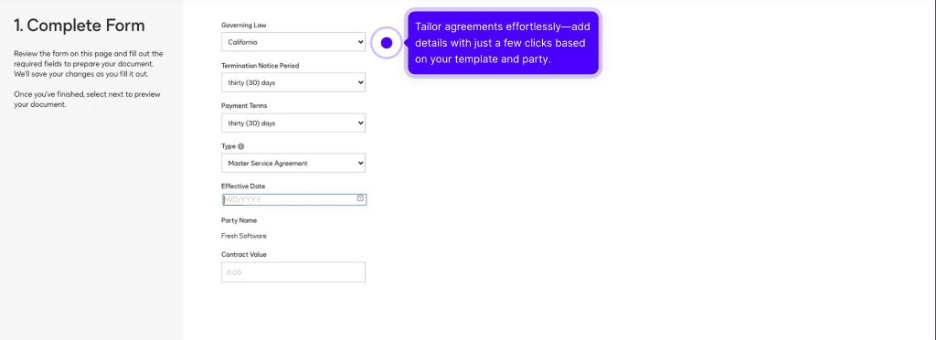 DocuSign agreement form with governing law, payment terms, and party details fields