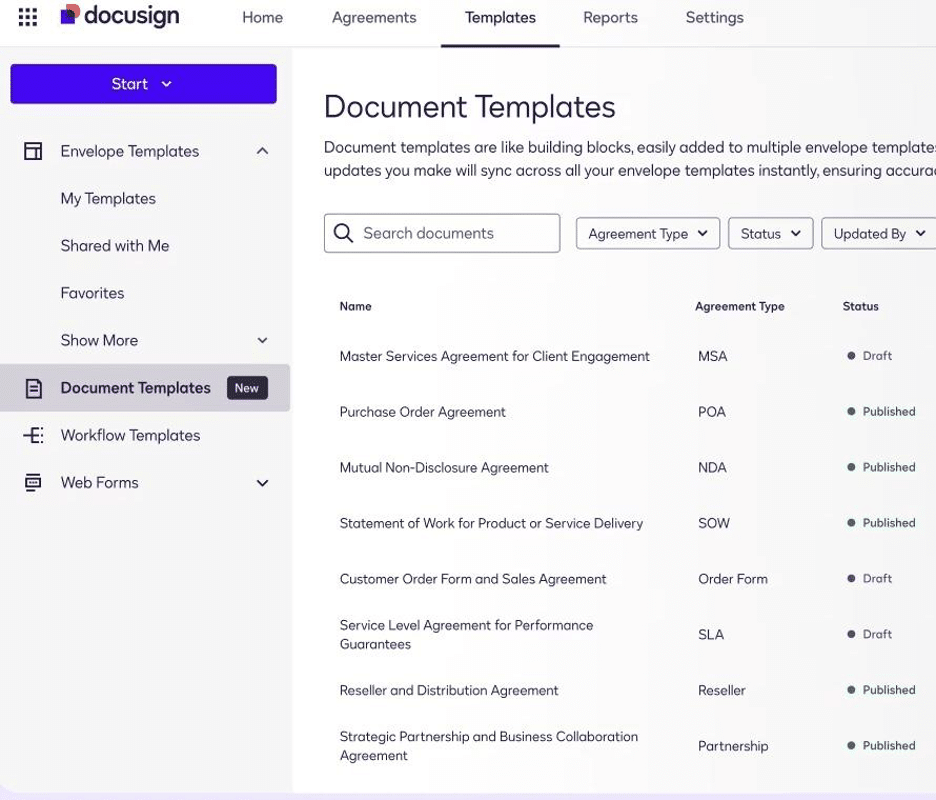 DocuSign document templates library with agreement types and status filters