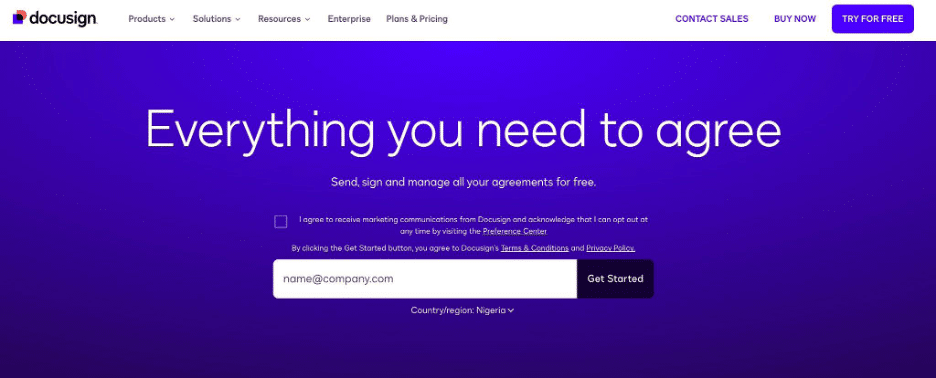 DocuSign e-signature platform homepage