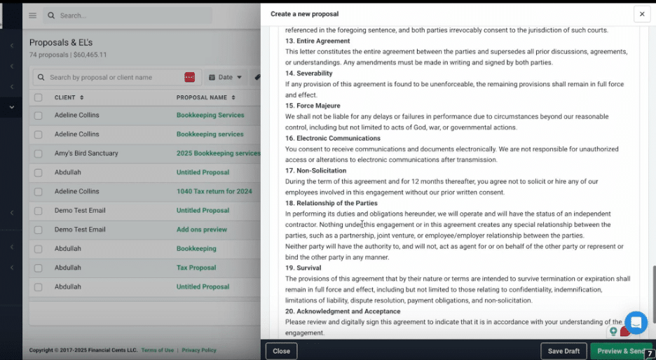 Financial Cents proposals list and engagement letter terms editor