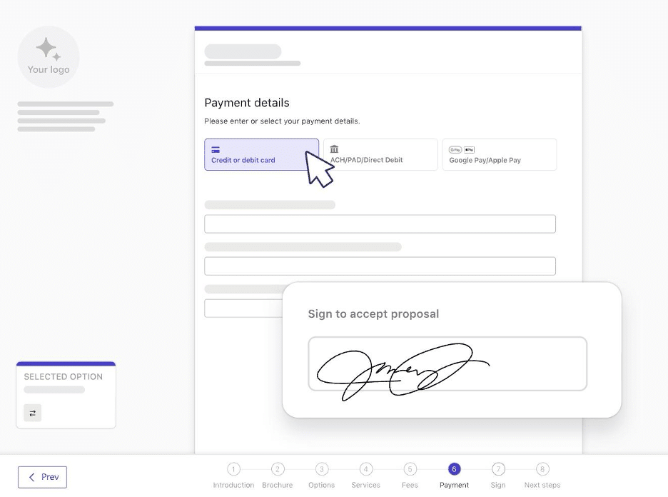 Ignition payment details form with credit card, ACH, and e-signature capture