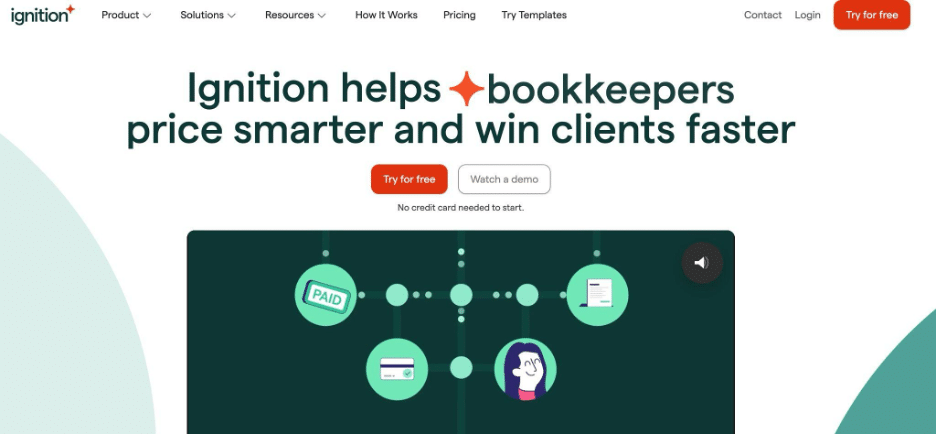 Ignition proposal and billing platform homepage for bookkeepers