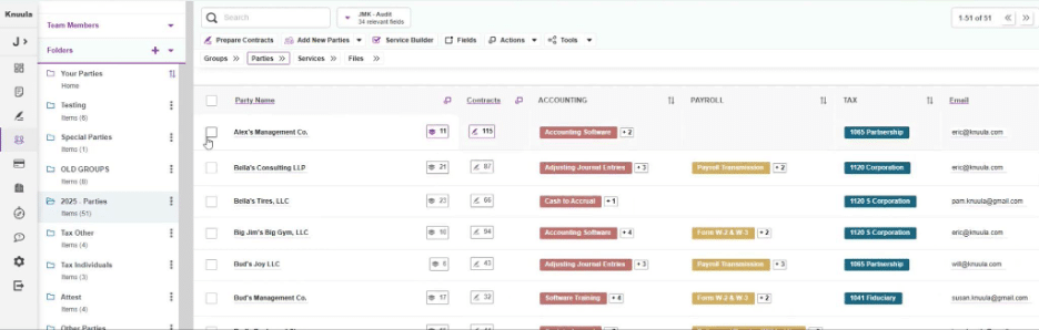 Knuula client parties dashboard showing contracts, accounting services, and tax information