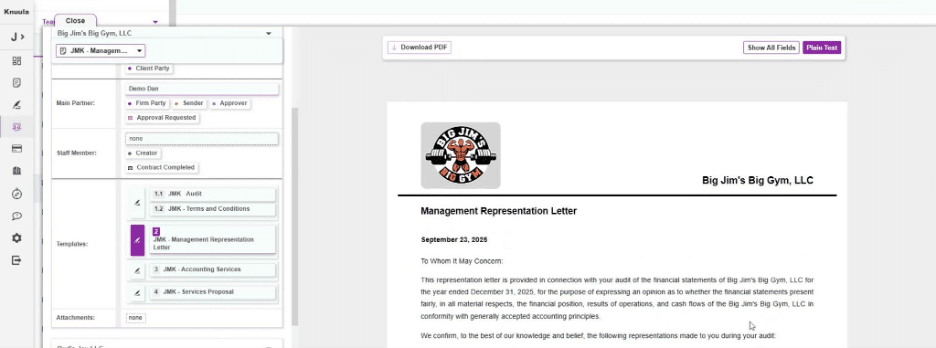 Knuula engagement letter document preview with management representation letter and PDF download