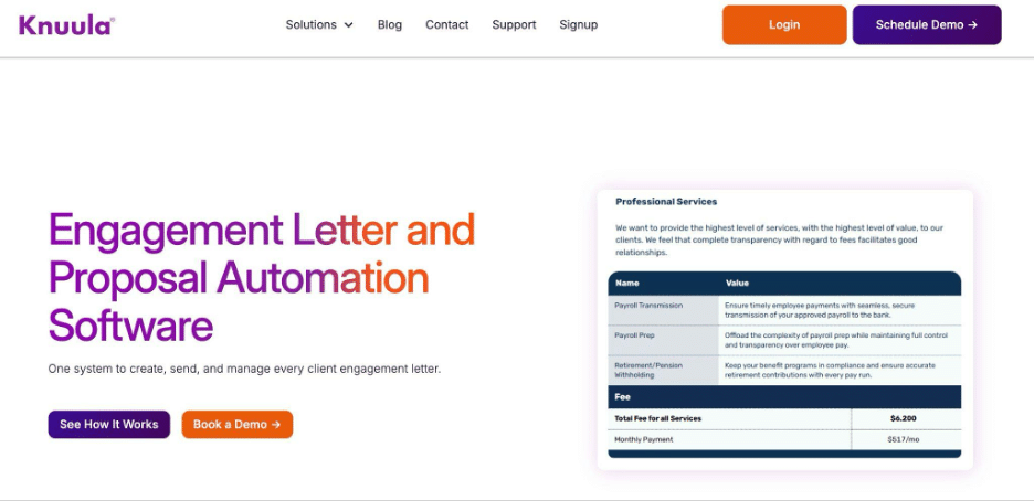 Knuula engagement letter and proposal automation software homepage