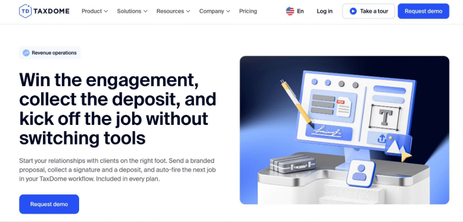 TaxDome revenue operations page for proposals, signatures, and deposits