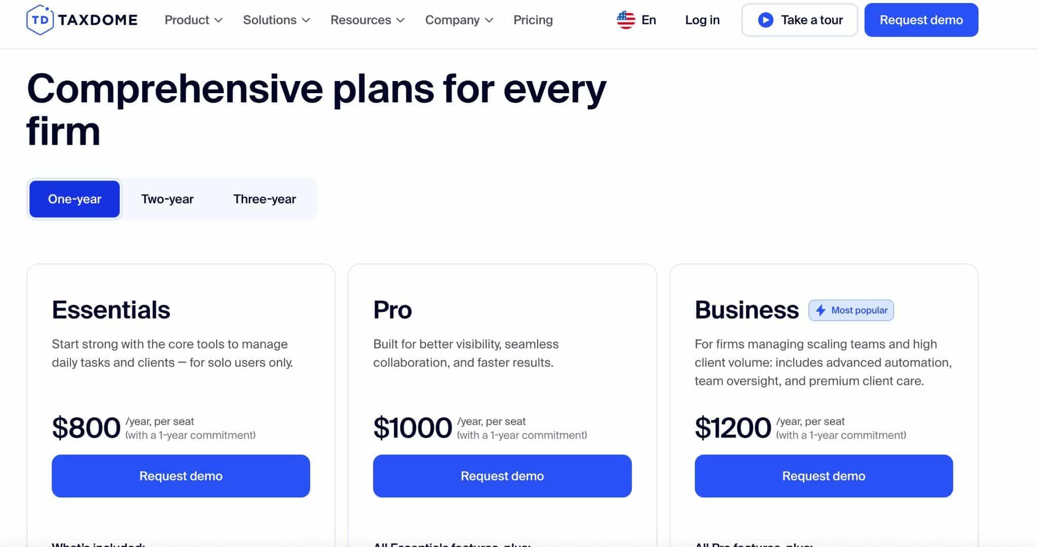 TaxDome pricing page showing the Essentials, Pro, and Business one-year plans