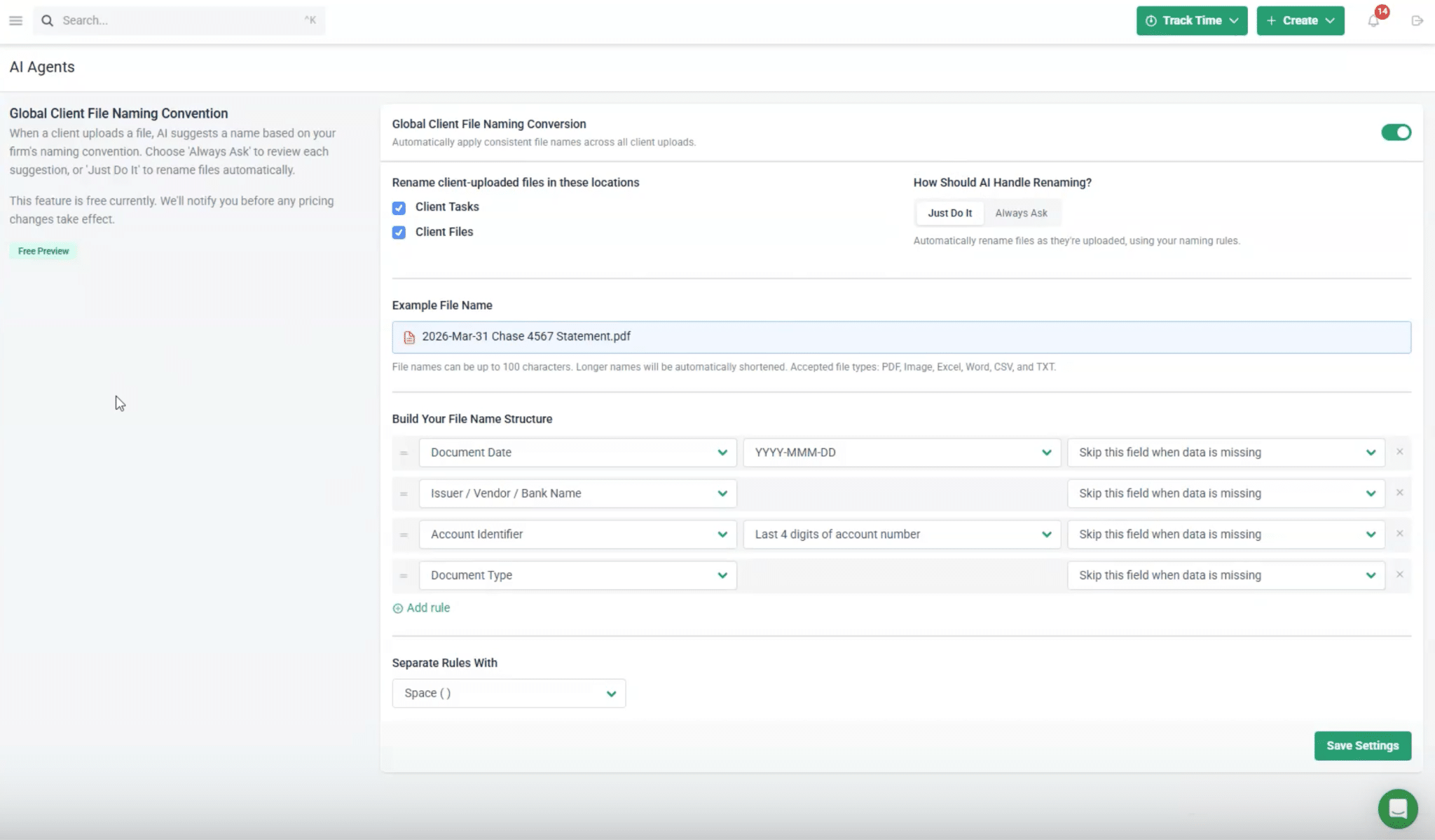 Financial Cents AI Agents settings for building a global client file naming convention