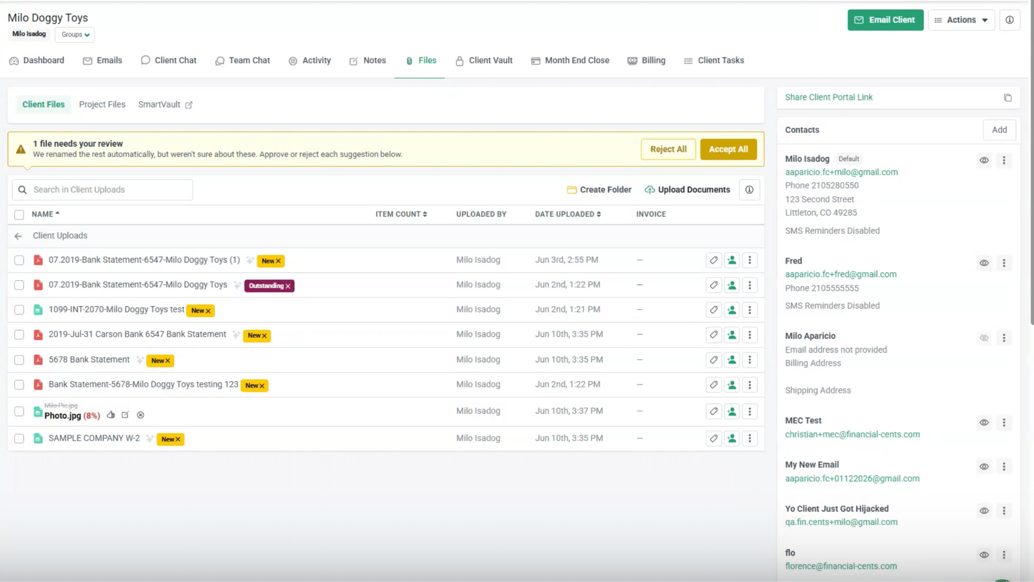 Financial Cents client files list showing AI-renamed client uploads and a review banner