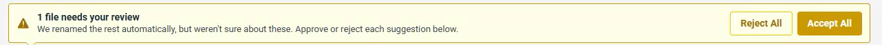Financial Cents banner flagging a low-confidence AI rename with Accept All and Reject All options