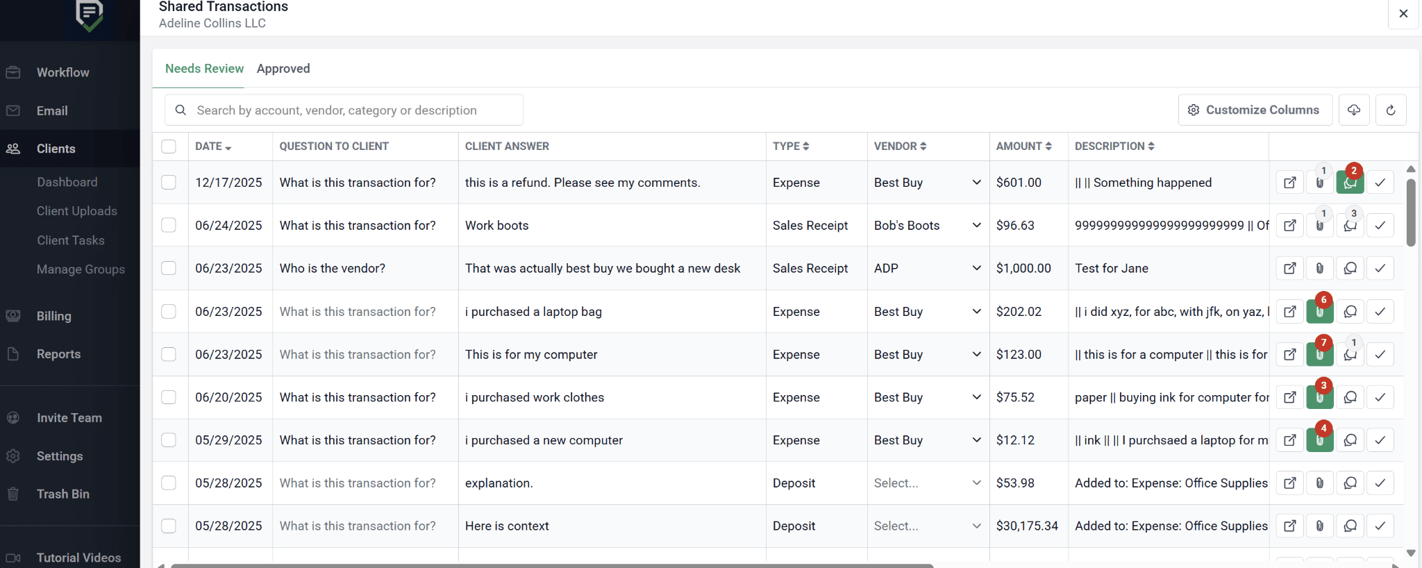 Financial Cents Shared Transactions report showing questions sent to the client and the client’s answers