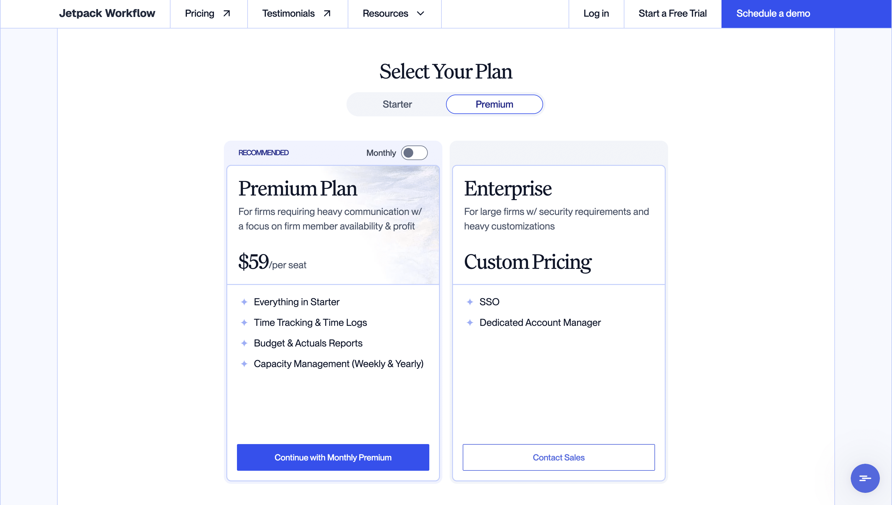 Jetpack Workflow pricing page showing the Premium plan at $59 per seat and Enterprise custom pricing