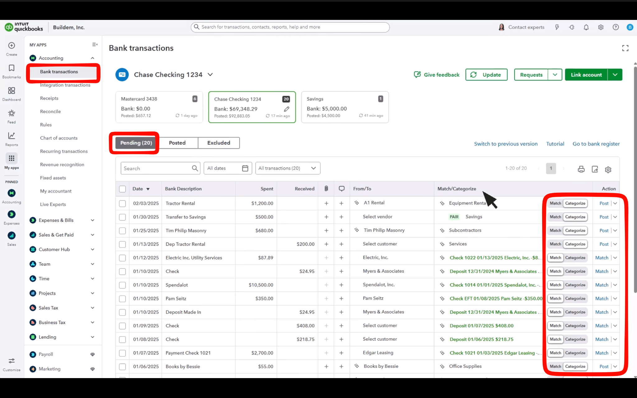 QuickBooks Online Bank transactions page showing the Pending tab and Match or Categorize actions