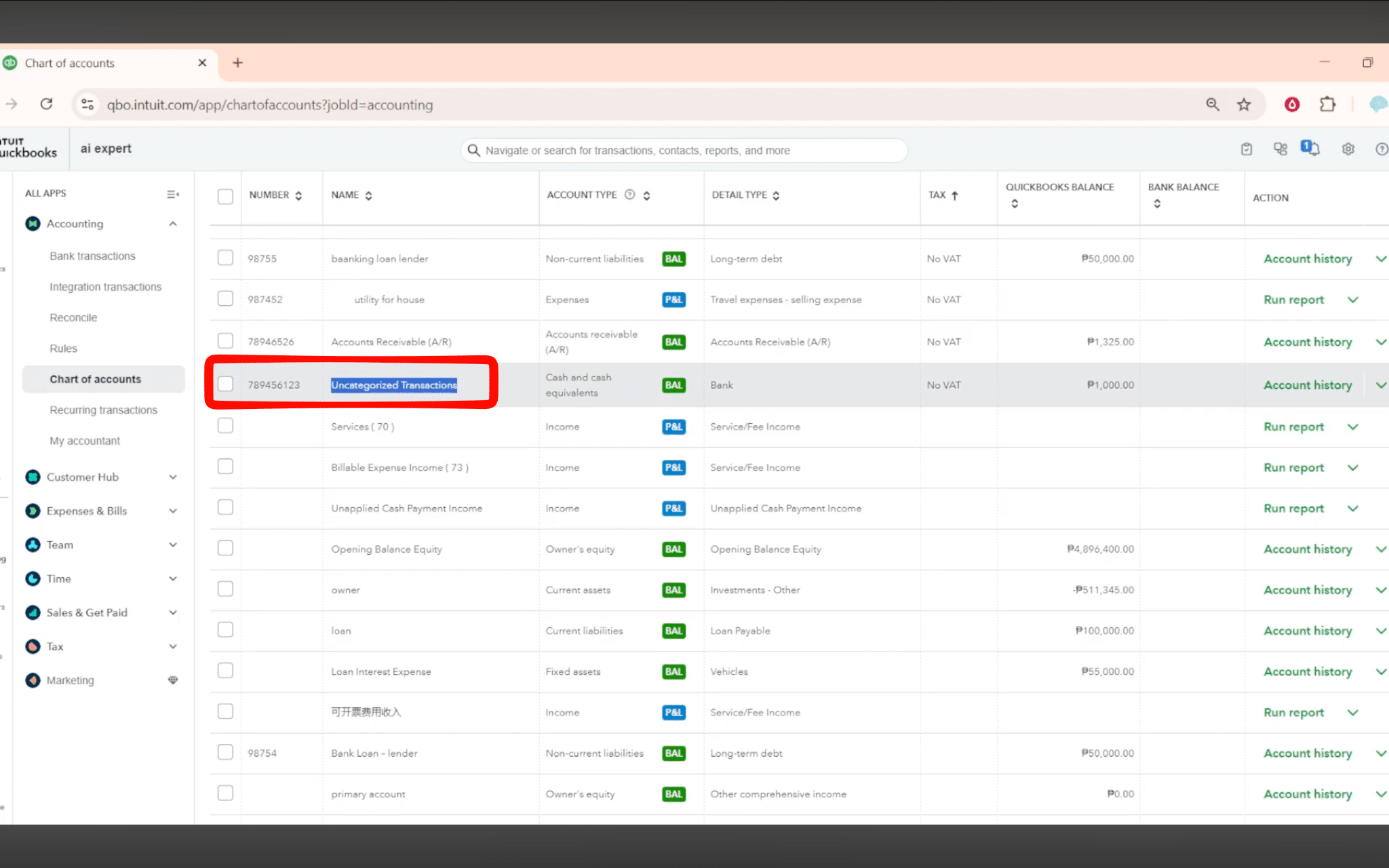 QuickBooks Online Chart of Accounts with the Uncategorized Expense account highlighted