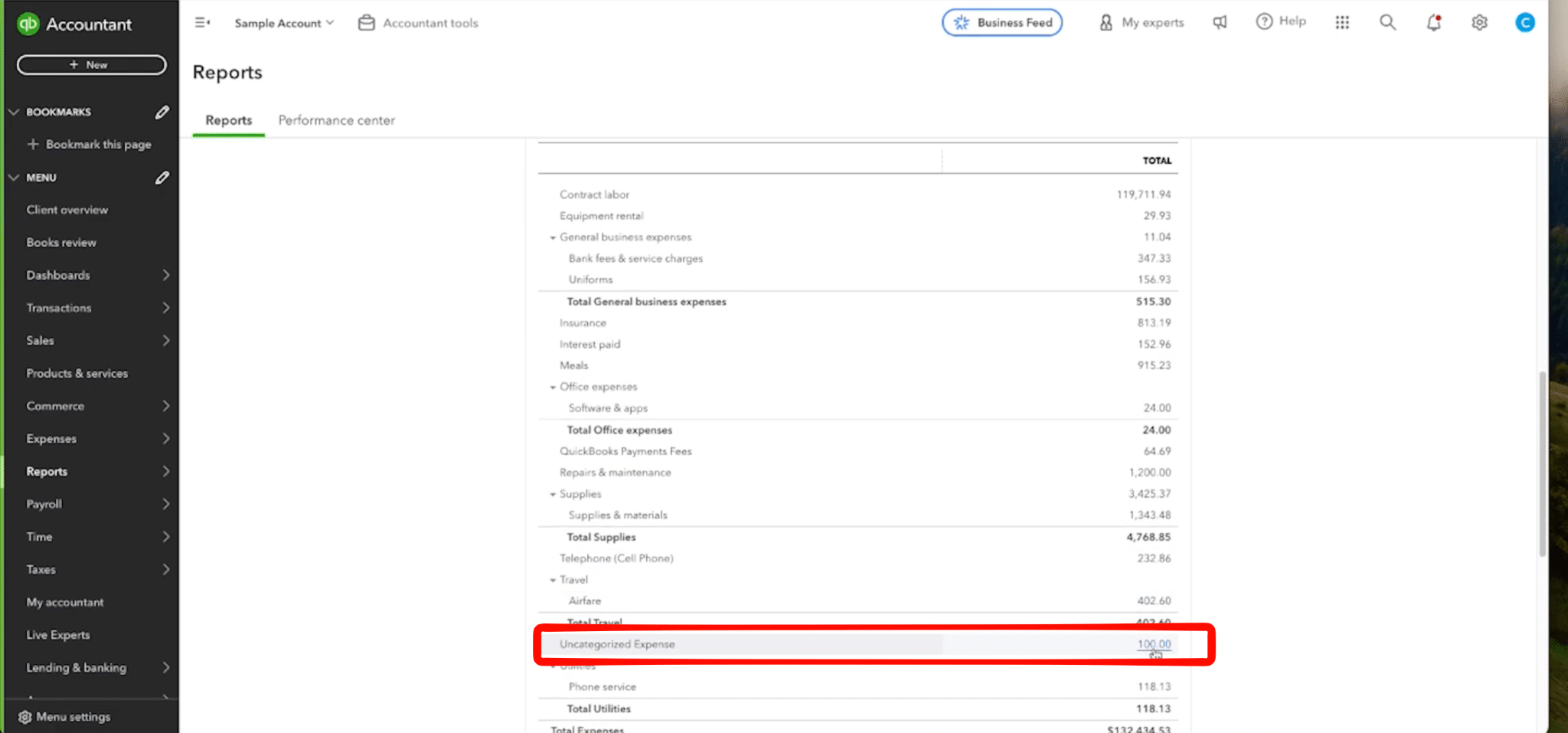 QuickBooks Online Profit and Loss report with the Uncategorized Expense line highlighted