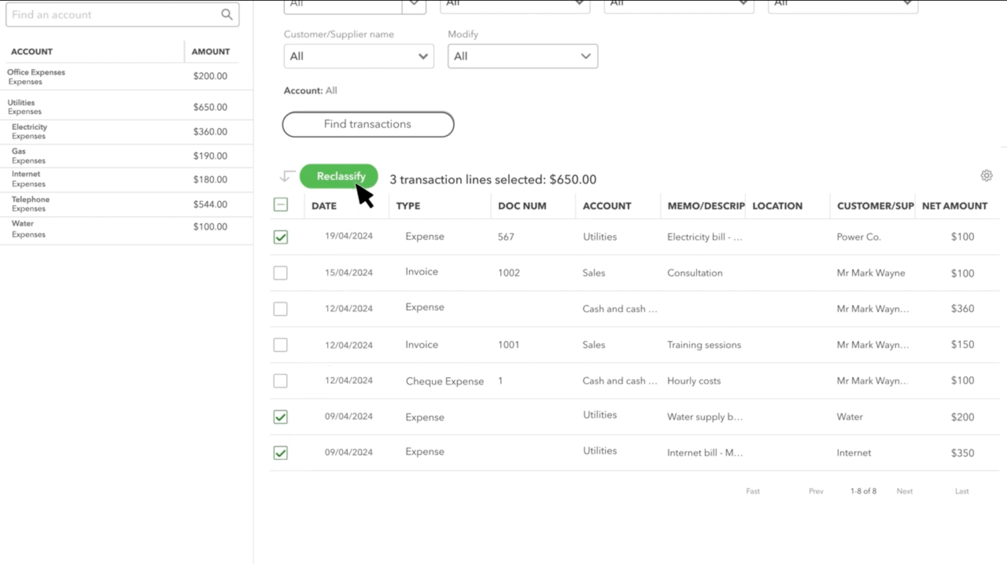 QuickBooks Online Reclassify Transactions tool with selected transactions and the Reclassify button