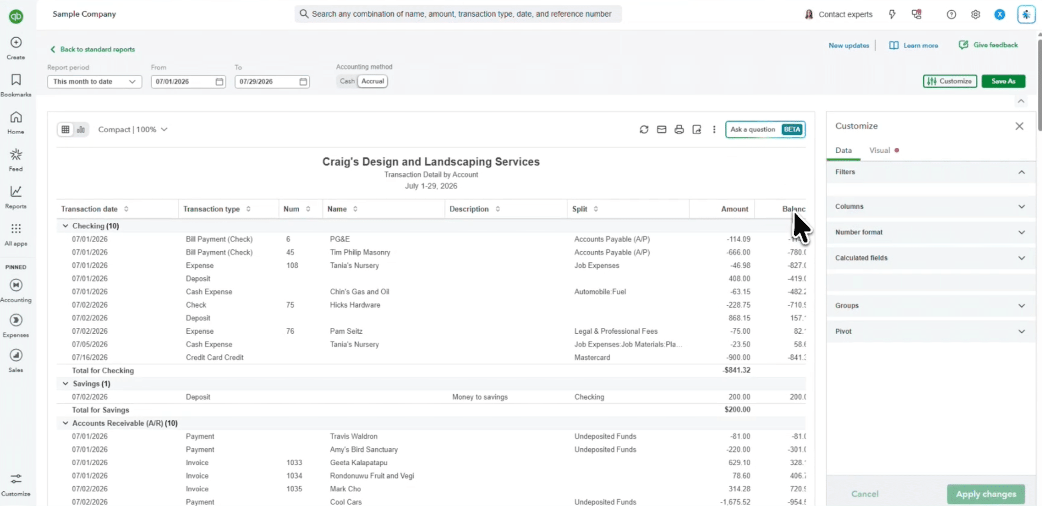 QuickBooks Online Transaction Detail by Account report with the Customize filter panel open