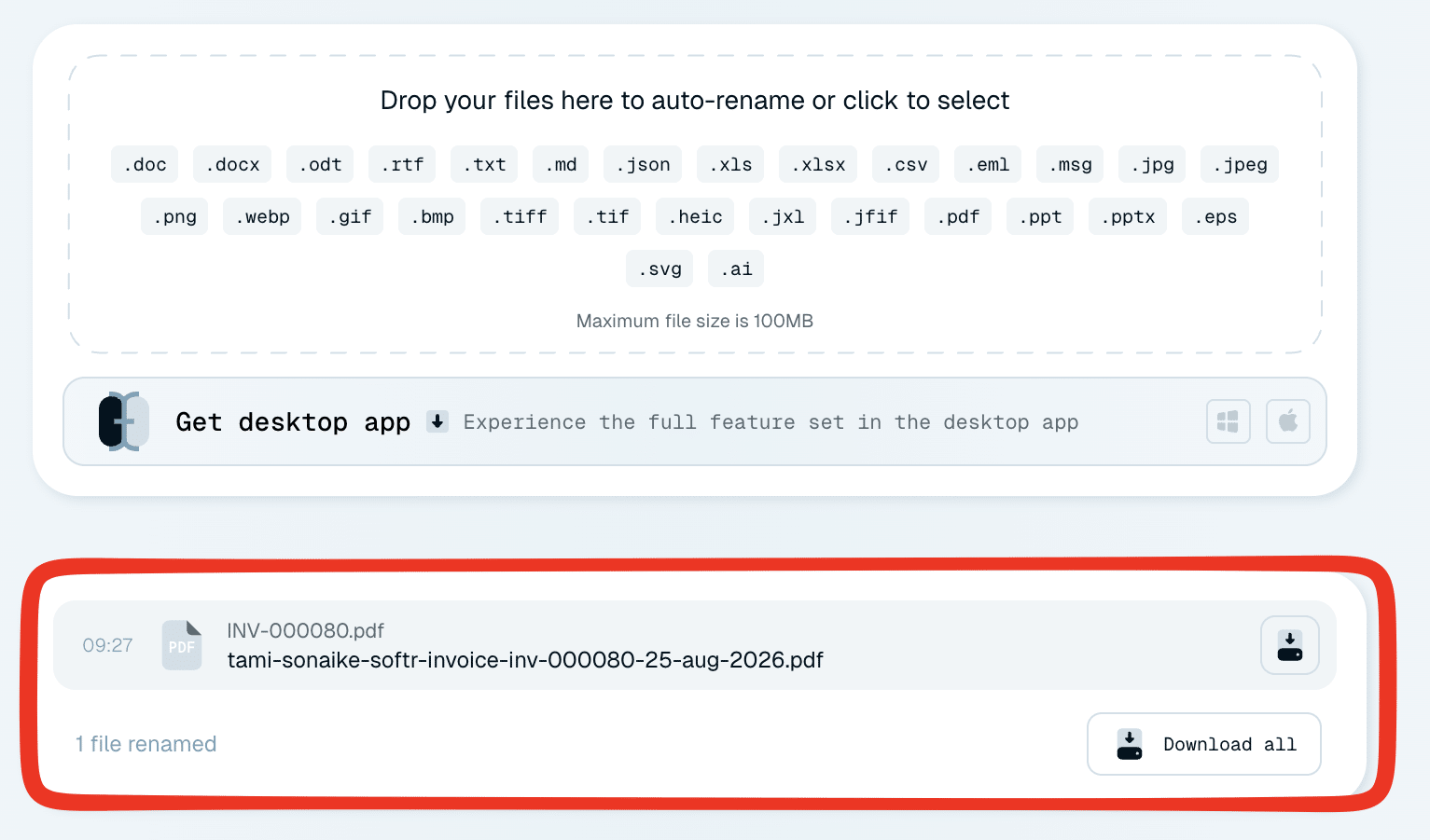 Renamer.ai web uploader showing supported file types and a renamed invoice