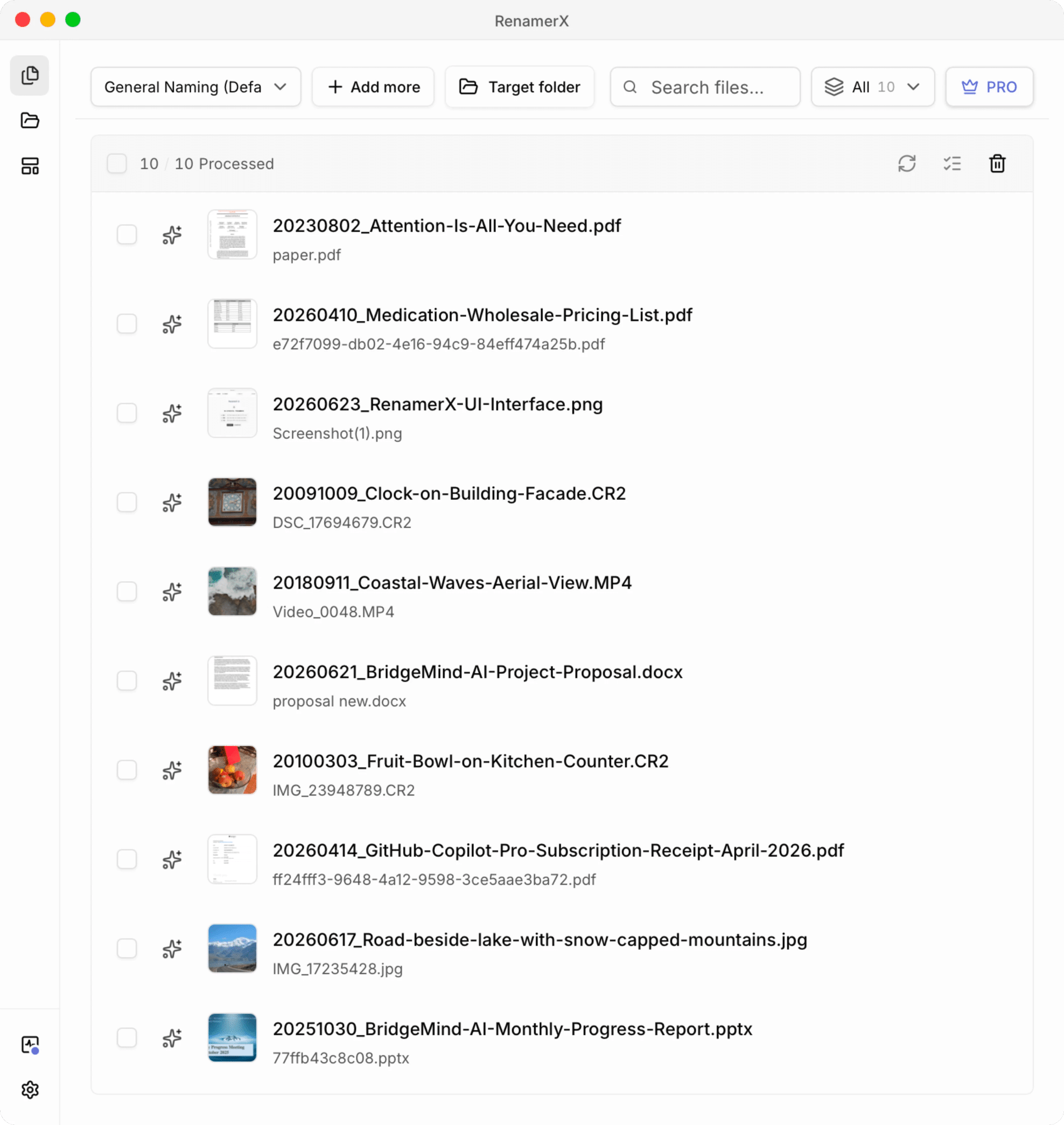 RenamerX app showing original filenames replaced with descriptive AI-generated names