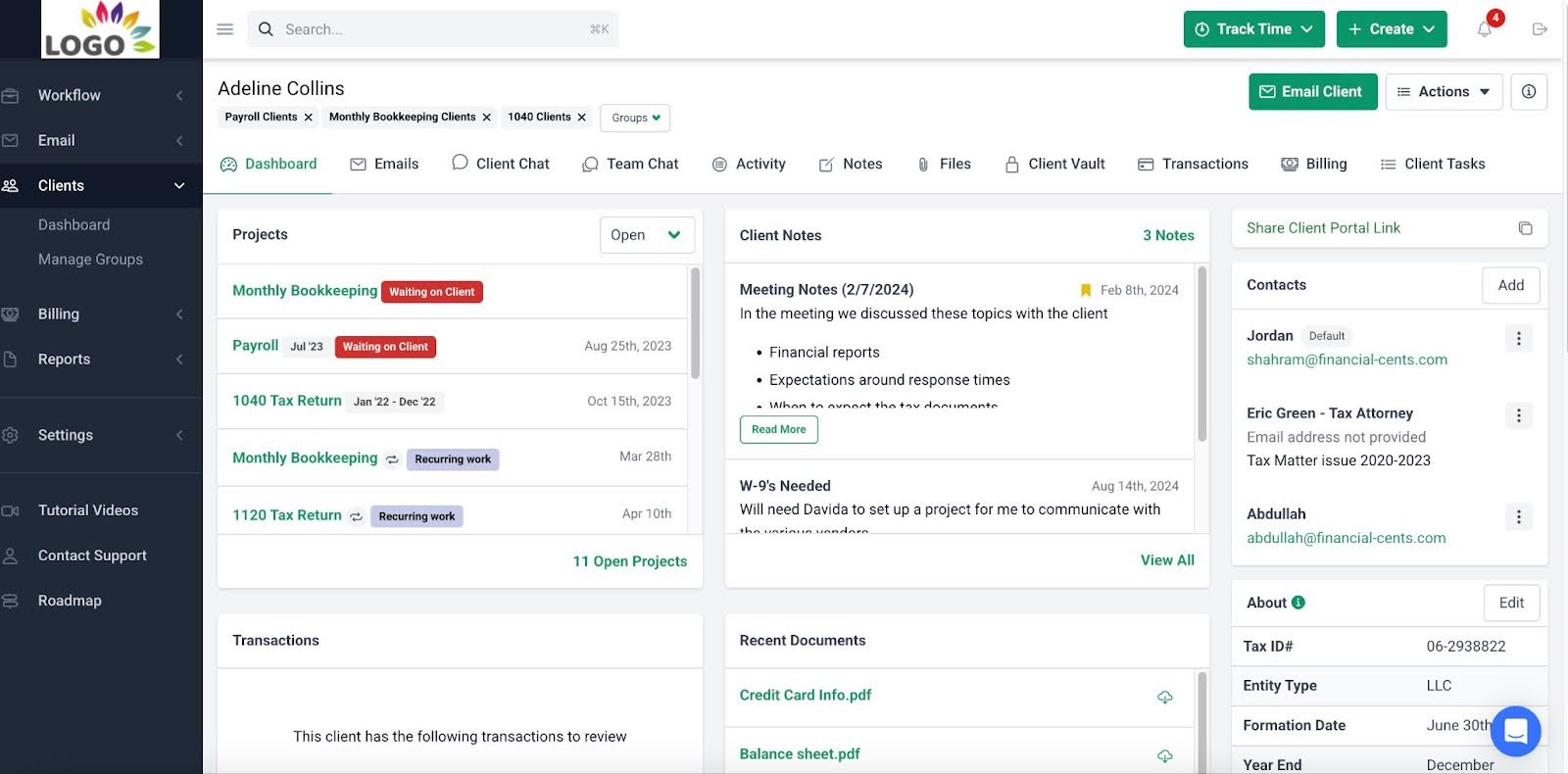 Financial Cents client profile dashboard